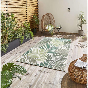 Miami 19433 Botanical Floral Palmate Durable Stain-Resistant Weatherproof Flatweave In-Outdoor Green/Light Beige Rug-Think Rugs-Rug Love - The Most Loved Rug Store